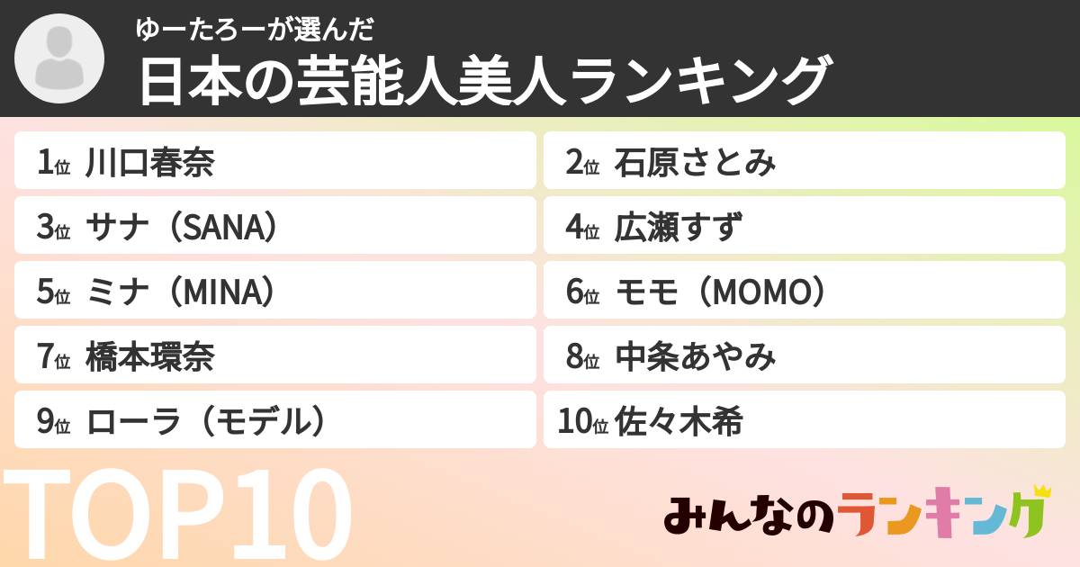 ゆーたろーさんの「日本の芸能人美人ランキング」