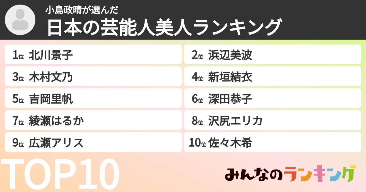 小島政晴さんの「日本の芸能人美人ランキング」