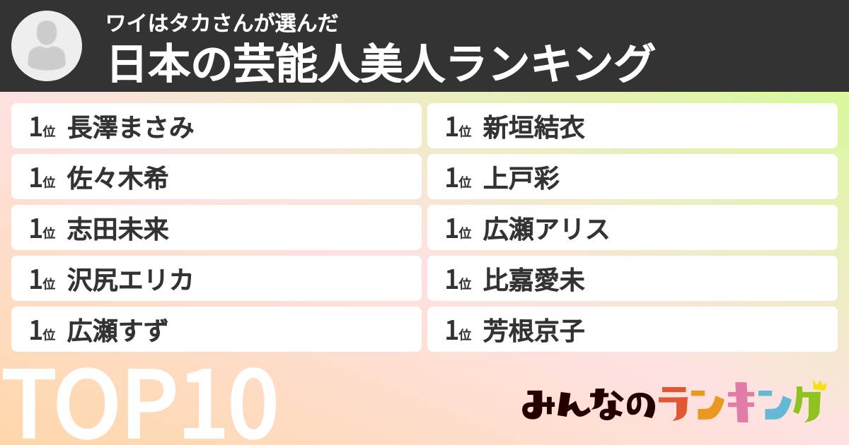 ワイはタカさんさんの「日本の芸能人美人ランキング」