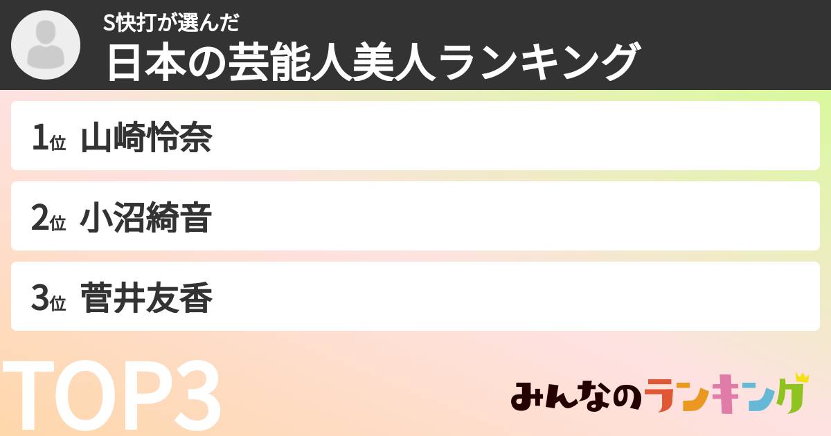 S快打さんの「日本の芸能人美人ランキング」