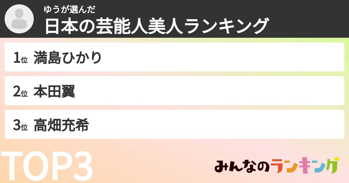 ゆうさんの「日本の芸能人美人ランキング」