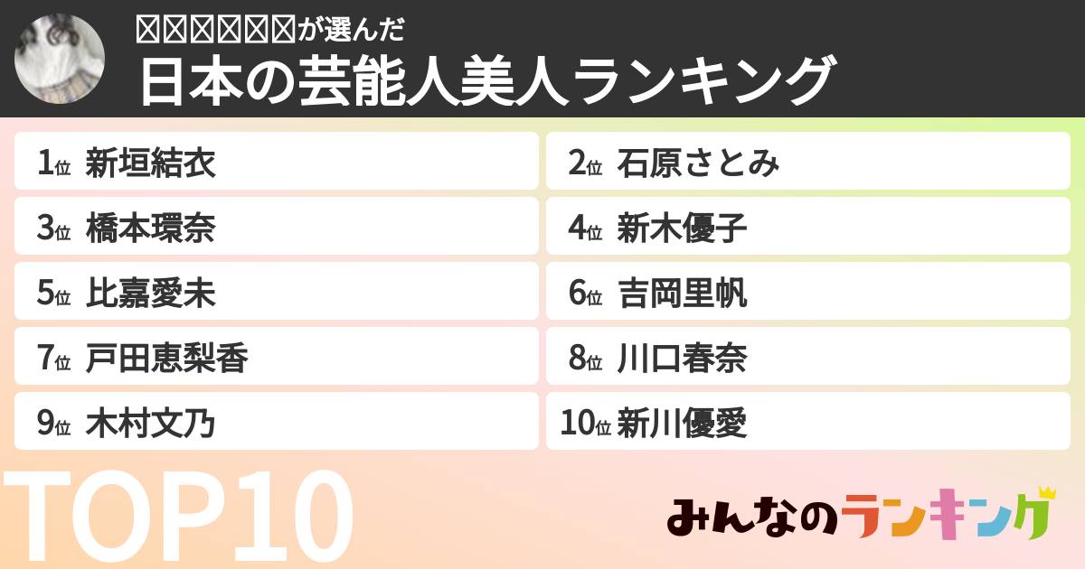 𝒽𝒾𝓎𝑜𝓇𝒾さんの「日本の芸能人美人ランキング」