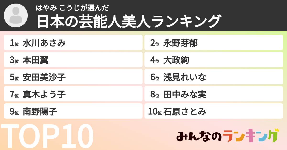 はやみ こうじさんの「日本の芸能人美人ランキング」