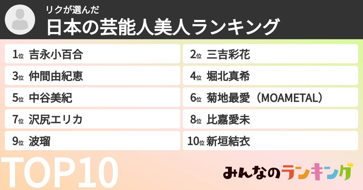 リクさんの「日本の芸能人美人ランキング」