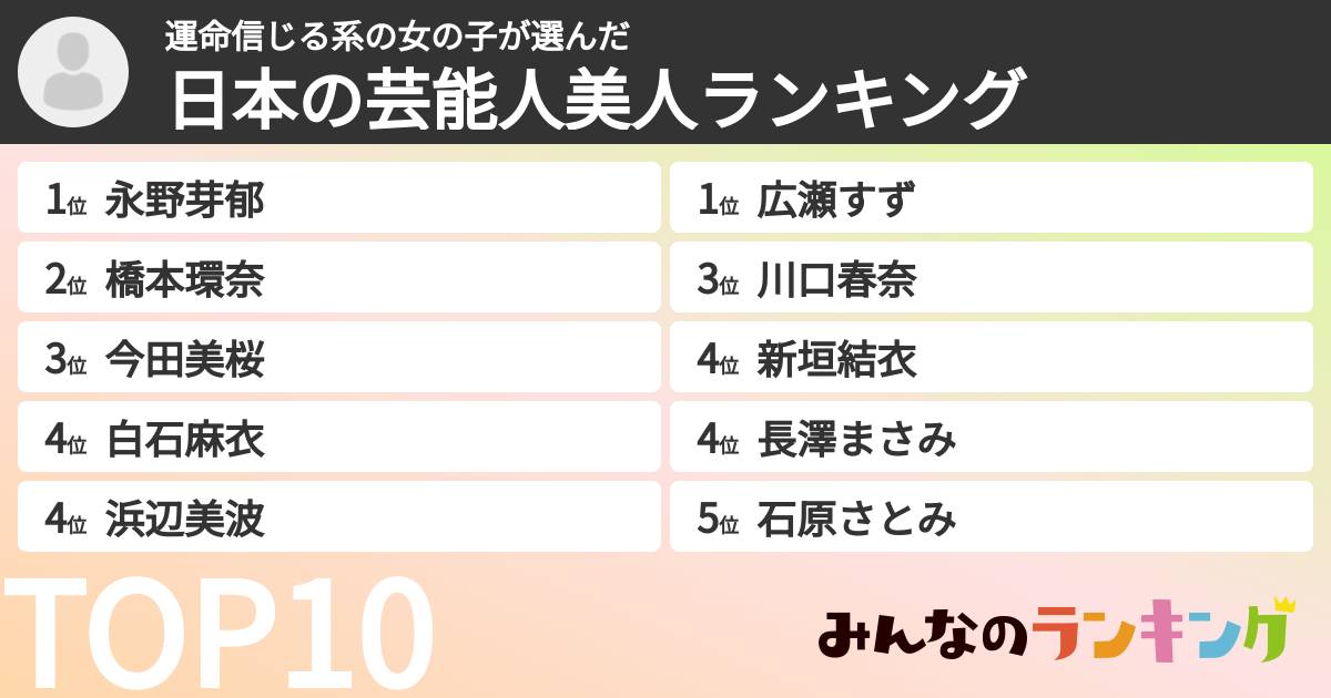 運命信じる系の女の子さんの「日本の芸能人美人ランキング」