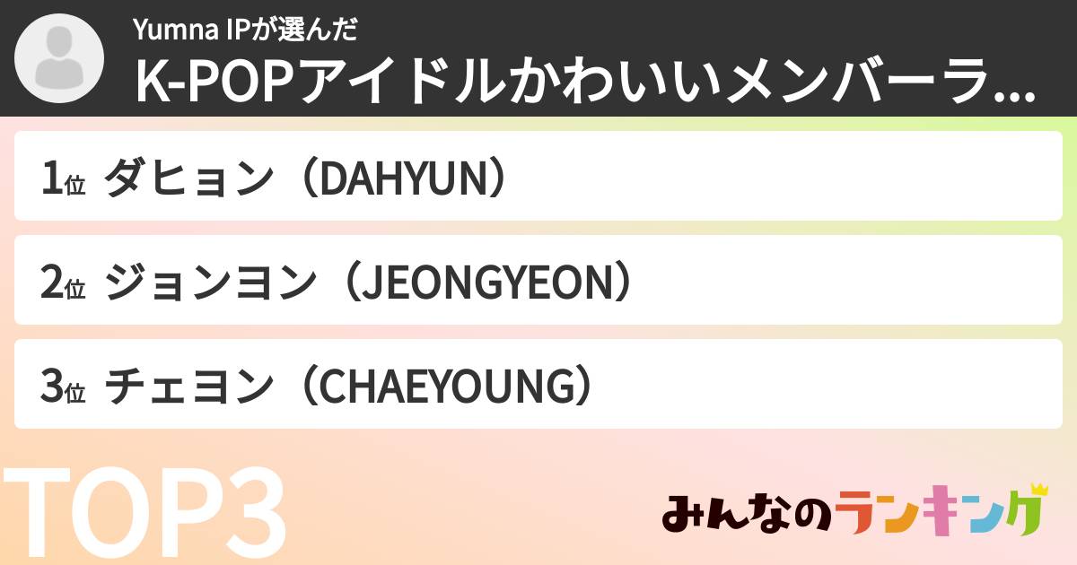 Yumna IPさんの「K-POPアイドルかわいいメンバーランキング」