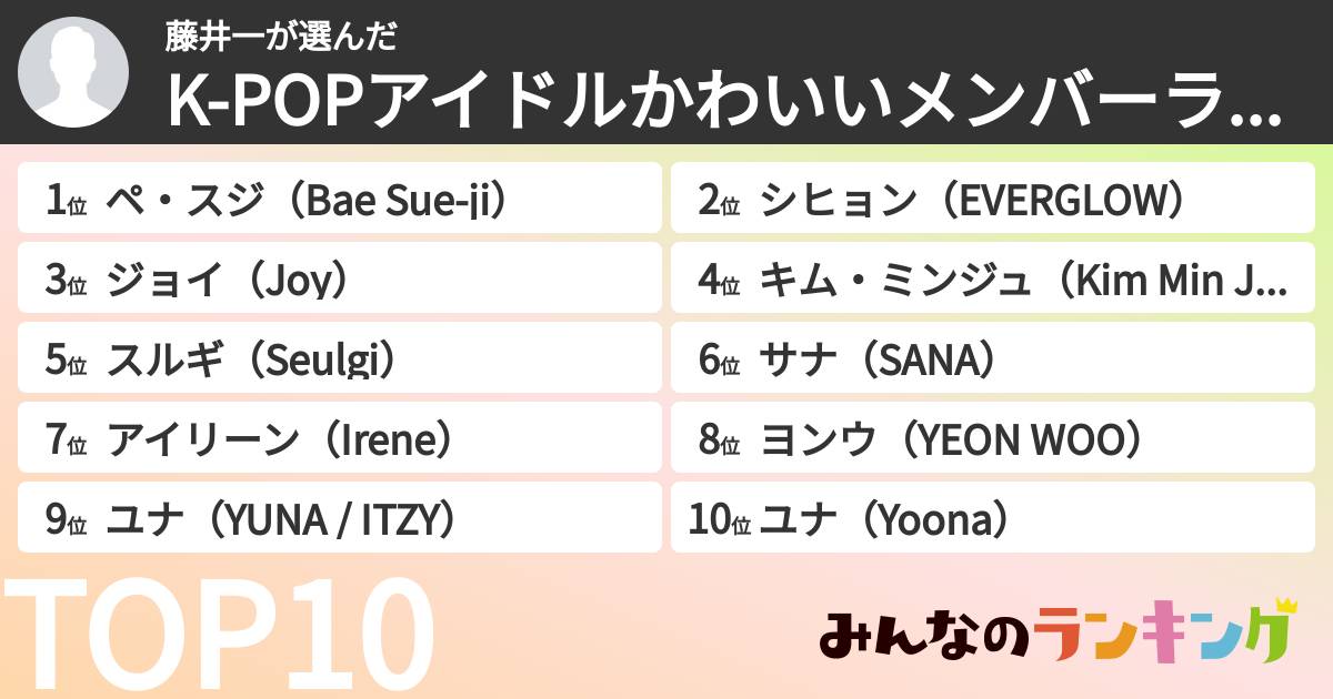 藤井一さんの「K-POPアイドルかわいいメンバーランキング」