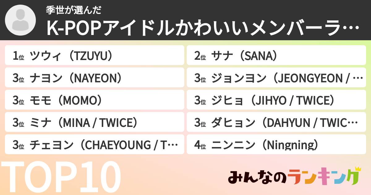 季世さんの「K-POPアイドルかわいいメンバーランキング」