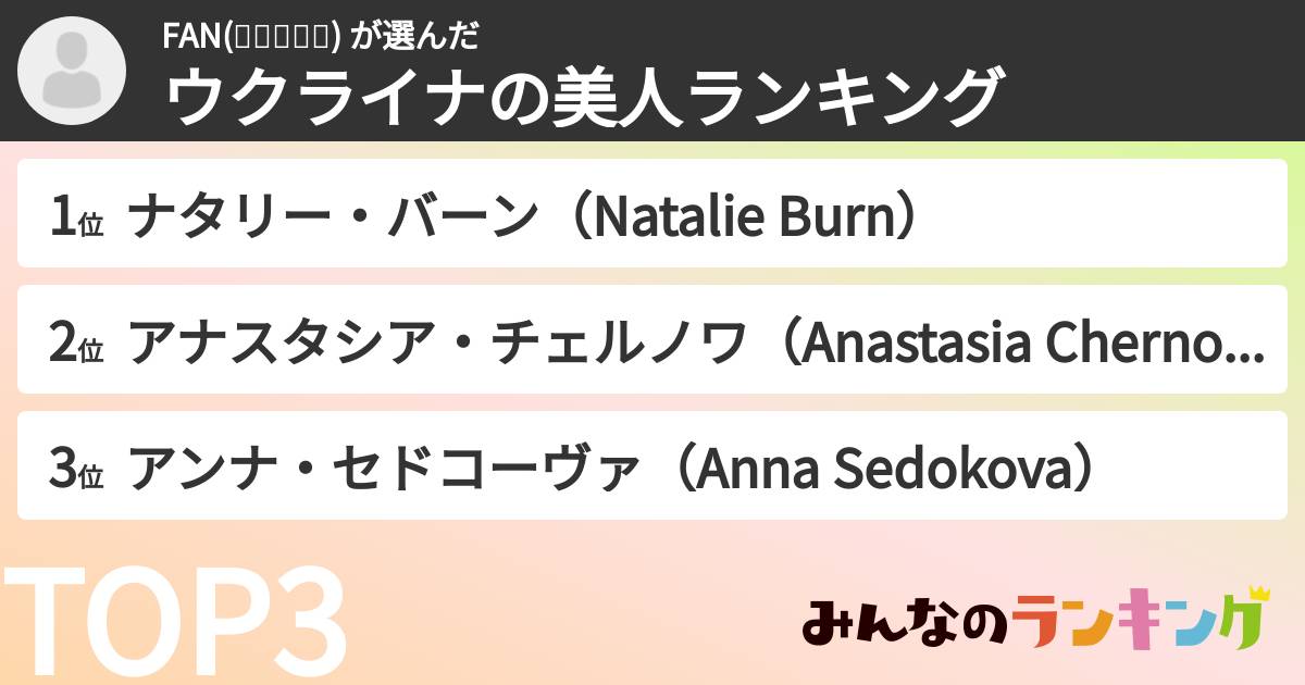 FAN(๑❛ꆚ❛๑) さんの「ウクライナの美人ランキング」