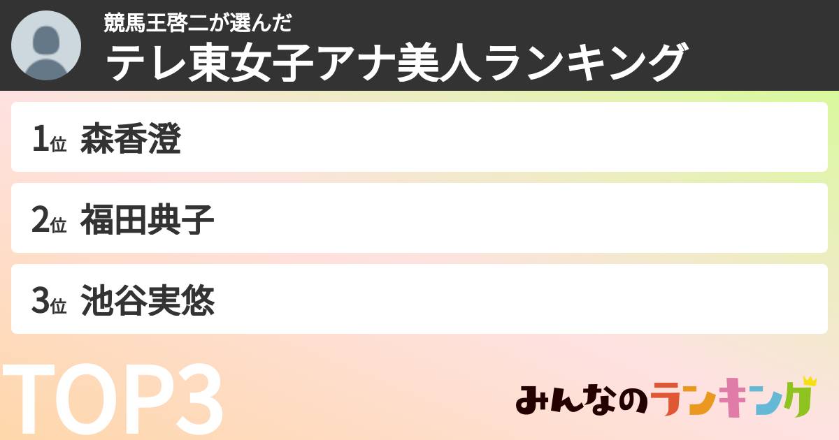競馬王啓二さんの「テレ東女子アナ美人ランキング」