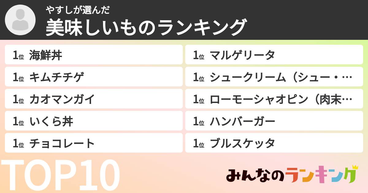 やすしさんの「美味しいものランキング」
