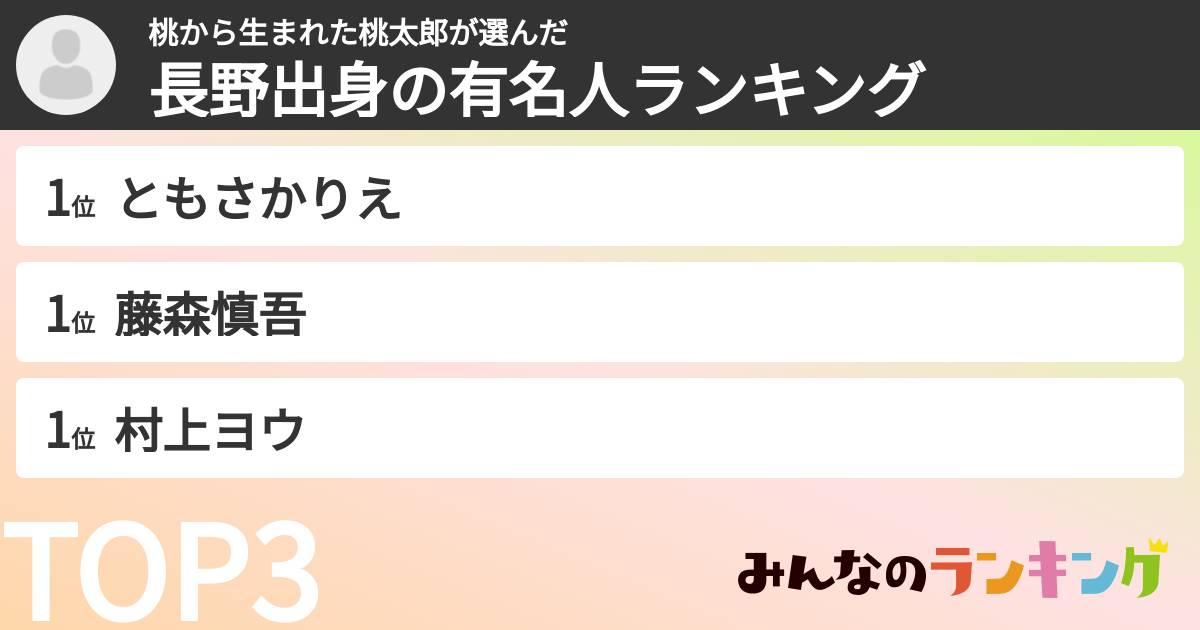桃から生まれた桃太郎さんの「長野出身の有名人ランキング」