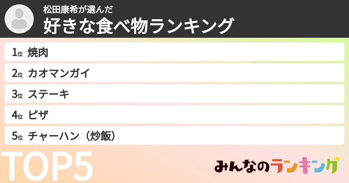 松田康希さんの「好きな食べ物ランキング」