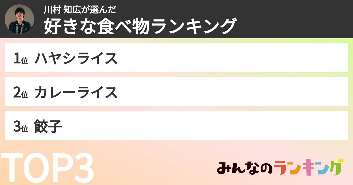 川村 知広さんの「好きな食べ物ランキング」