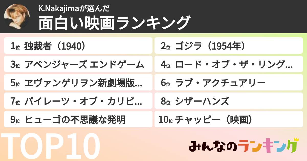 K.Nakajimaさんの「面白い映画ランキング」