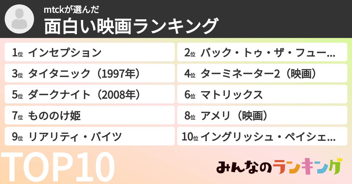 mtckさんの「面白い映画ランキング」