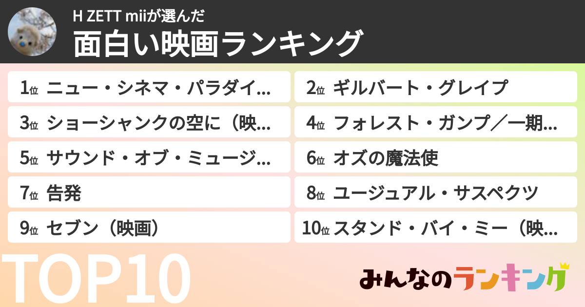 H ZETT miiさんの「面白い映画ランキング」
