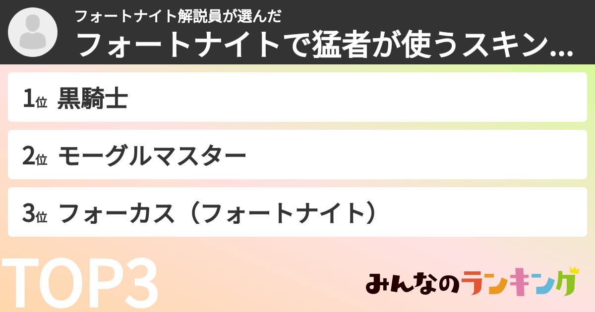 フォートナイト解説員さんの「フォートナイトで猛者が使うスキンランキング」