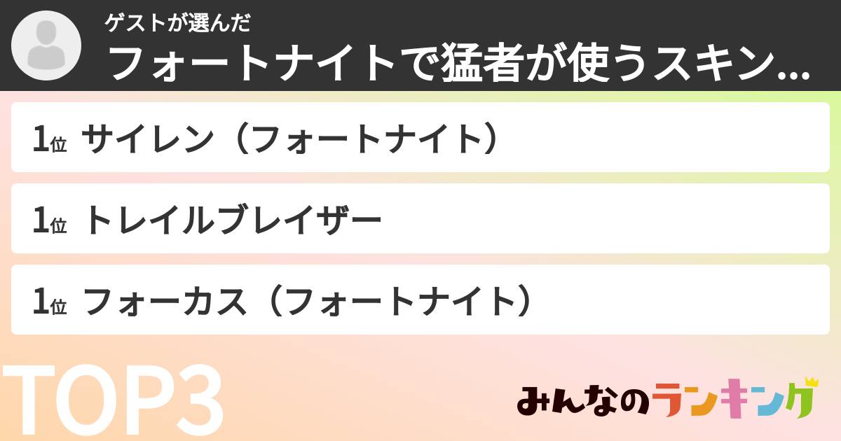 ゲストさんの「フォートナイトで猛者が使うスキンランキング」