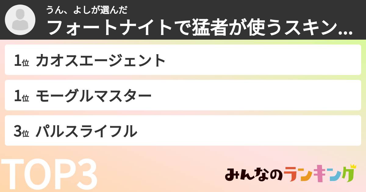 うん、よしさんの「フォートナイトで猛者が使うスキンランキング」