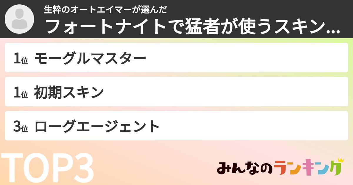 生粋のオートエイマーさんの「フォートナイトで猛者が使うスキンランキング」
