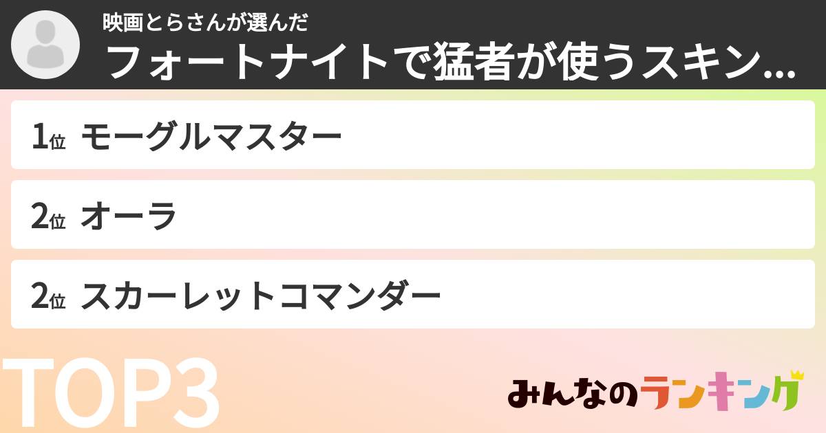 映画とらさんさんの「フォートナイトで猛者が使うスキンランキング」