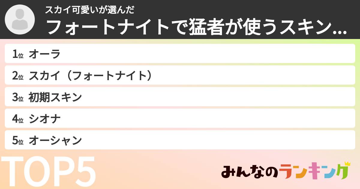 スカイ可愛いさんの「フォートナイトで猛者が使うスキンランキング」