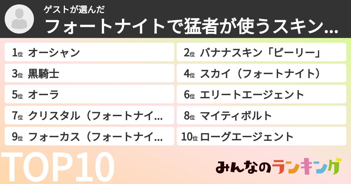 ゲストさんの「フォートナイトで猛者が使うスキンランキング」