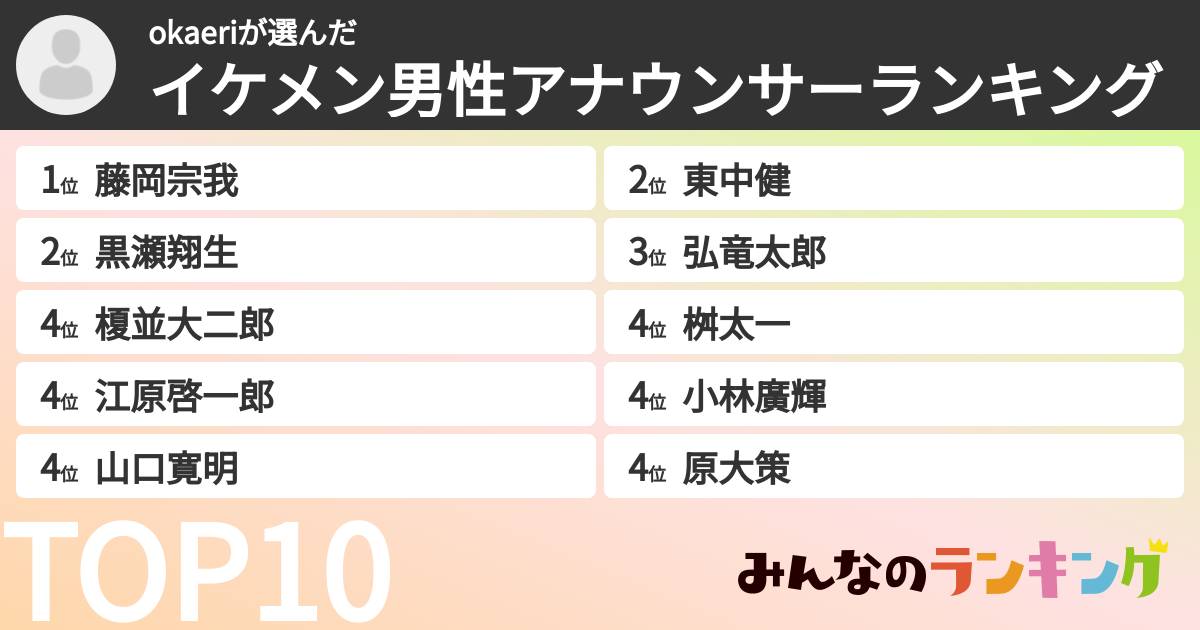 okaeriさんの「イケメン男性アナウンサーランキング」