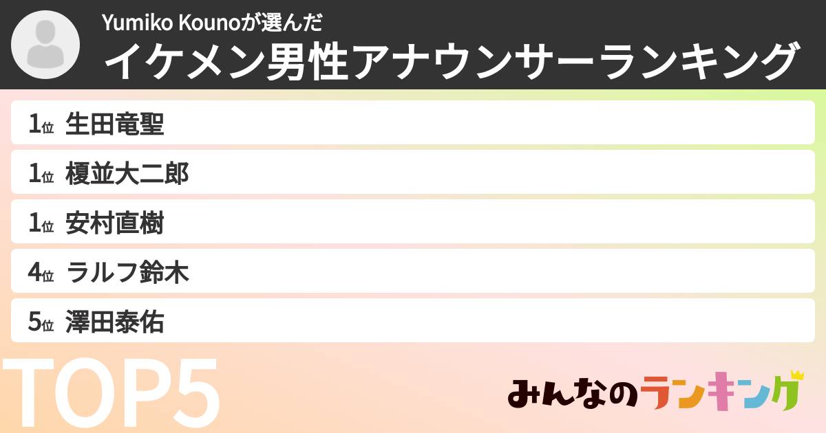 Yumiko Kounoさんの「イケメン男性アナウンサーランキング」
