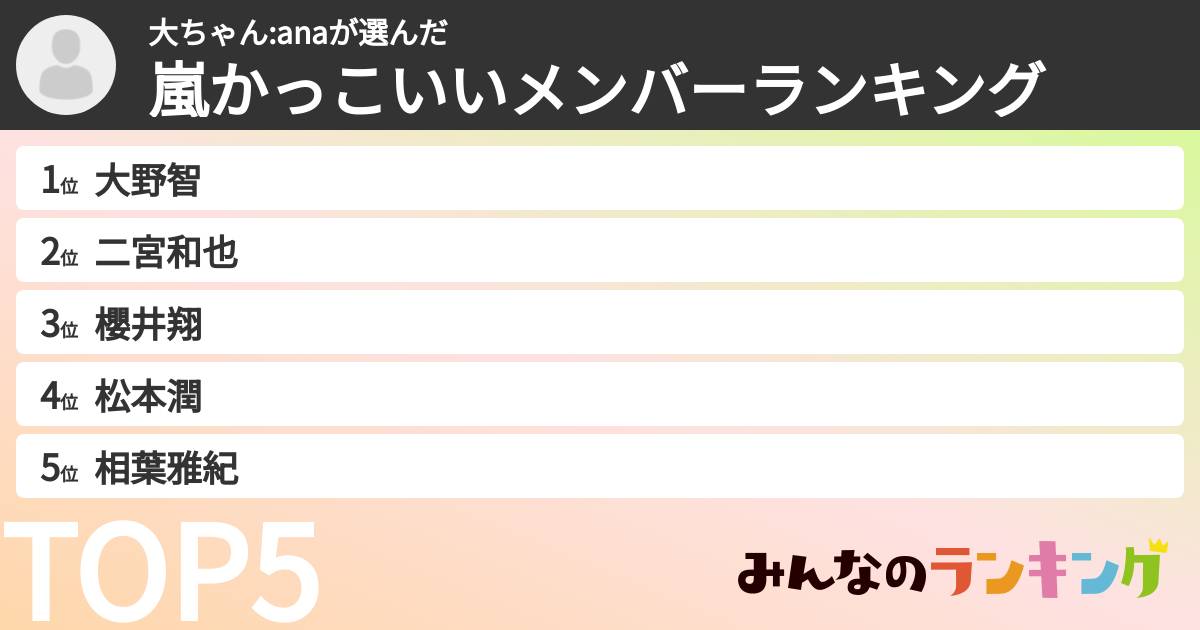大ちゃん:anaさんの「嵐かっこいいメンバーランキング」