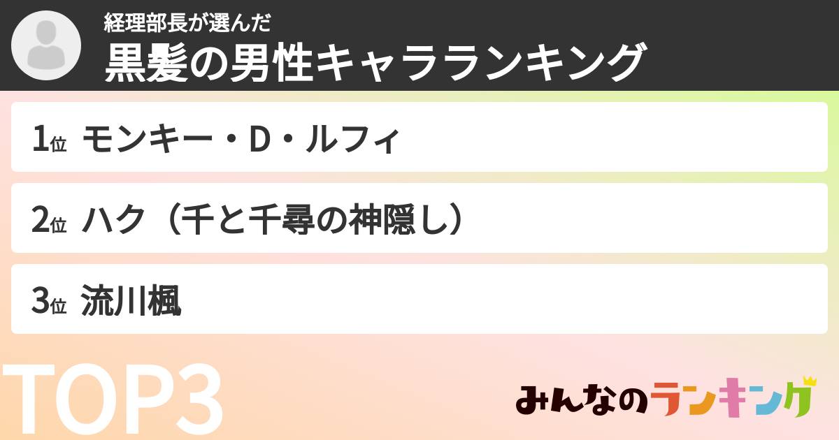 経理部長さんの「黒髪の男性キャラランキング」