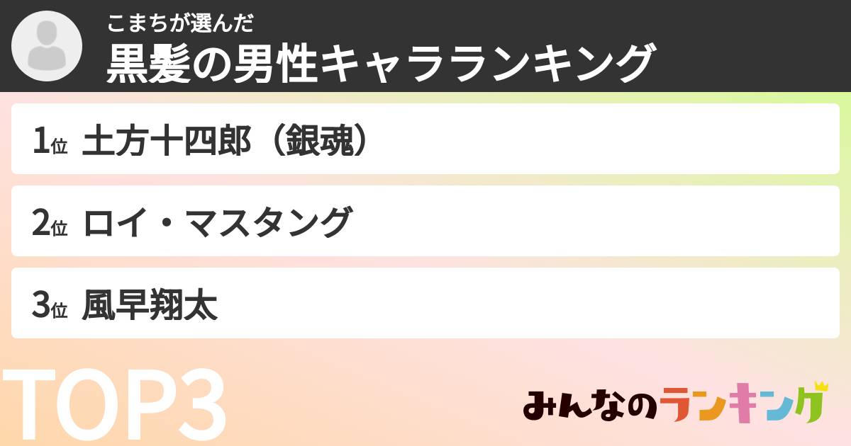 こまちさんの「黒髪の男性キャラランキング」