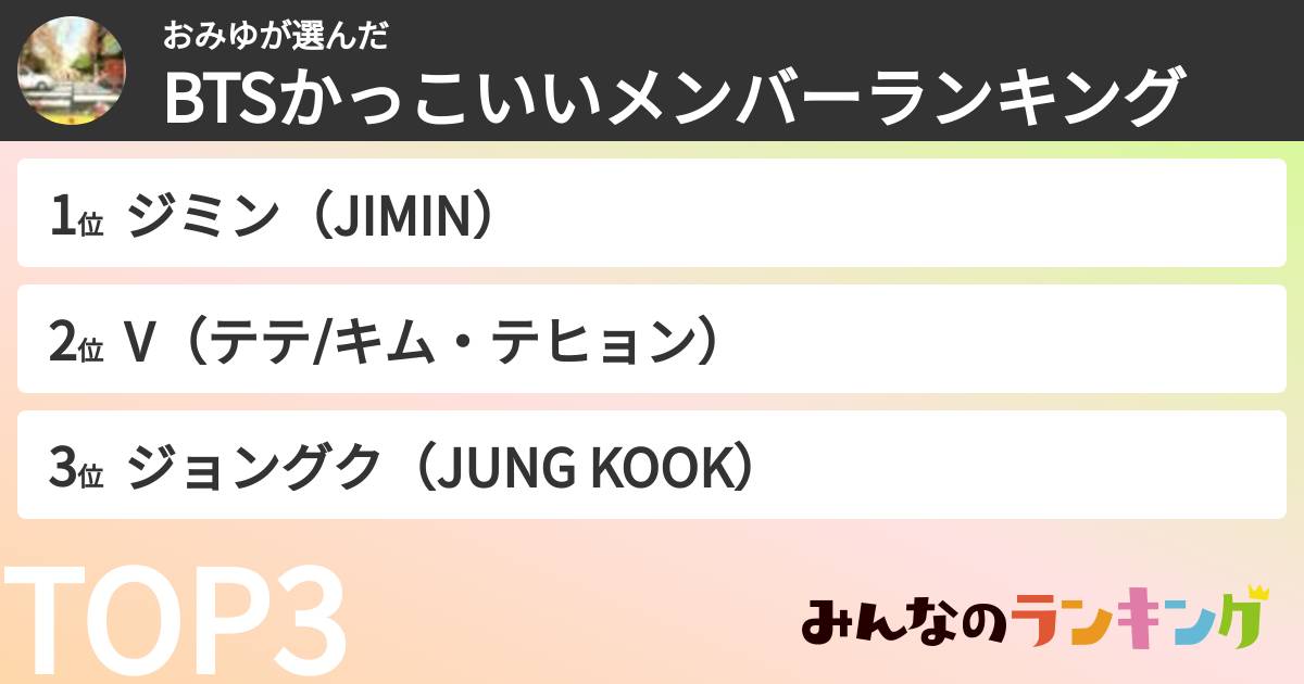 おみゆさんの「BTSかっこいいメンバーランキング」