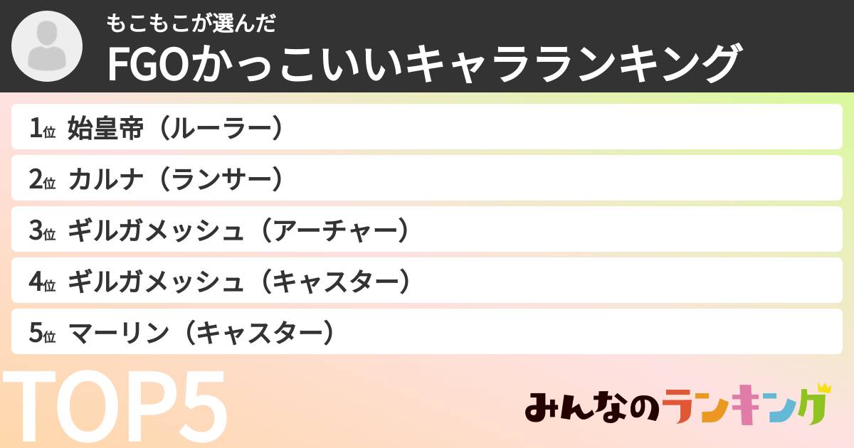 もこもこさんの「FGOかっこいいキャラランキング」