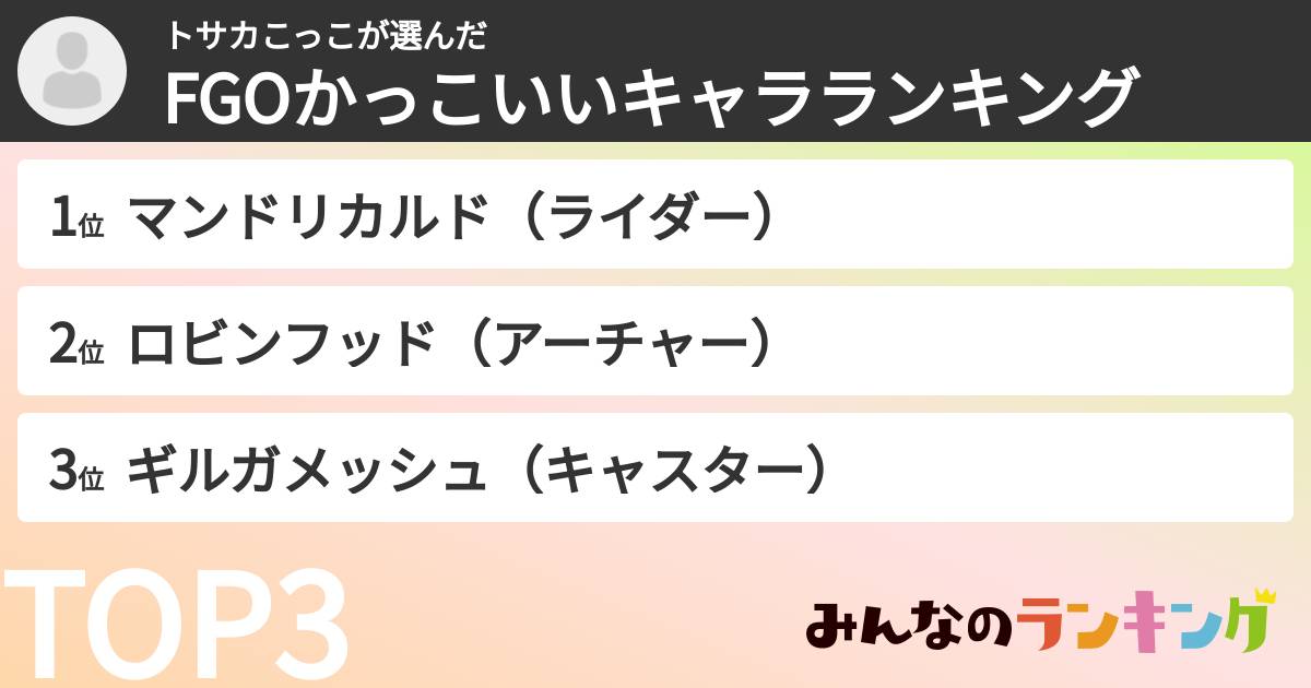 トサカこっこさんの「FGOかっこいいキャラランキング」