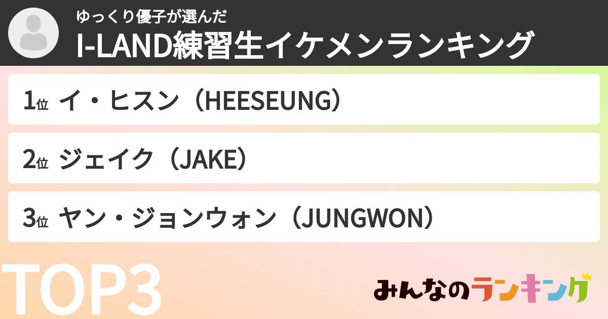 ゆっくり優子さんの「I-LAND練習生イケメンランキング」