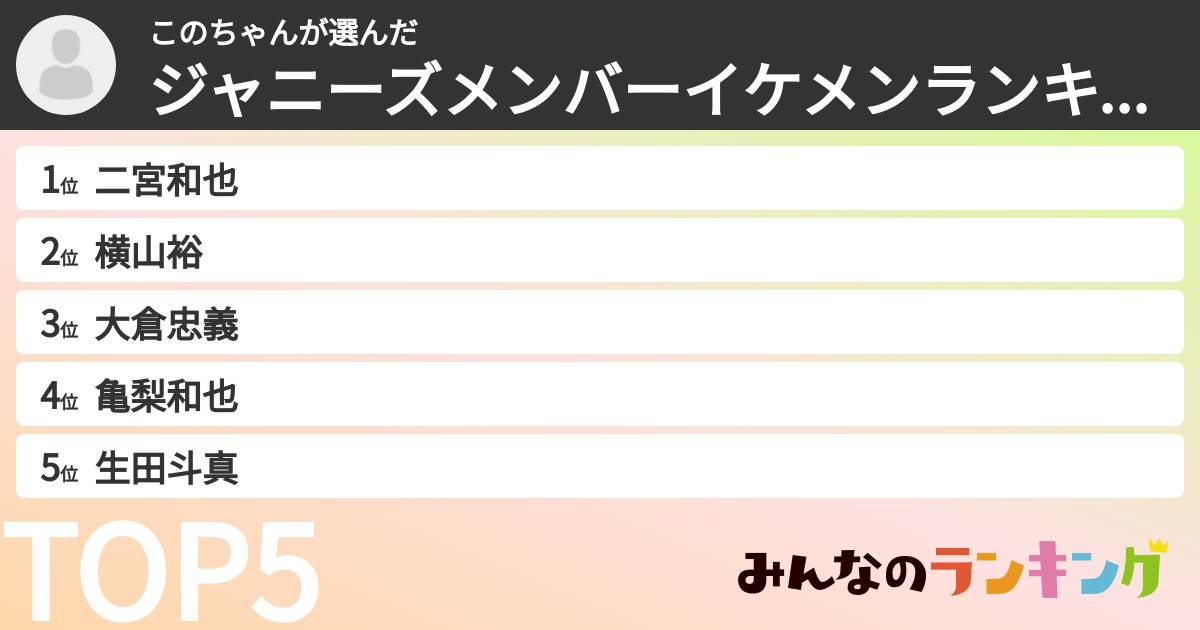 このちゃんさんの「ジャニーズメンバーイケメンランキング」