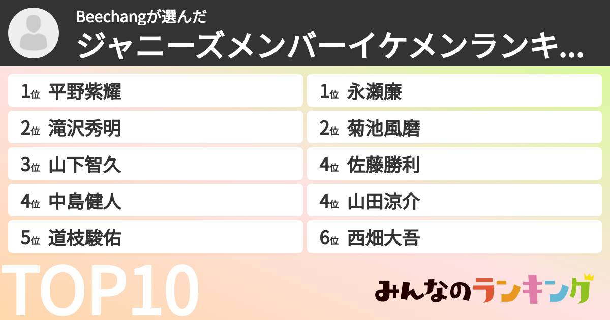 Beechangさんの「ジャニーズメンバーイケメンランキング」
