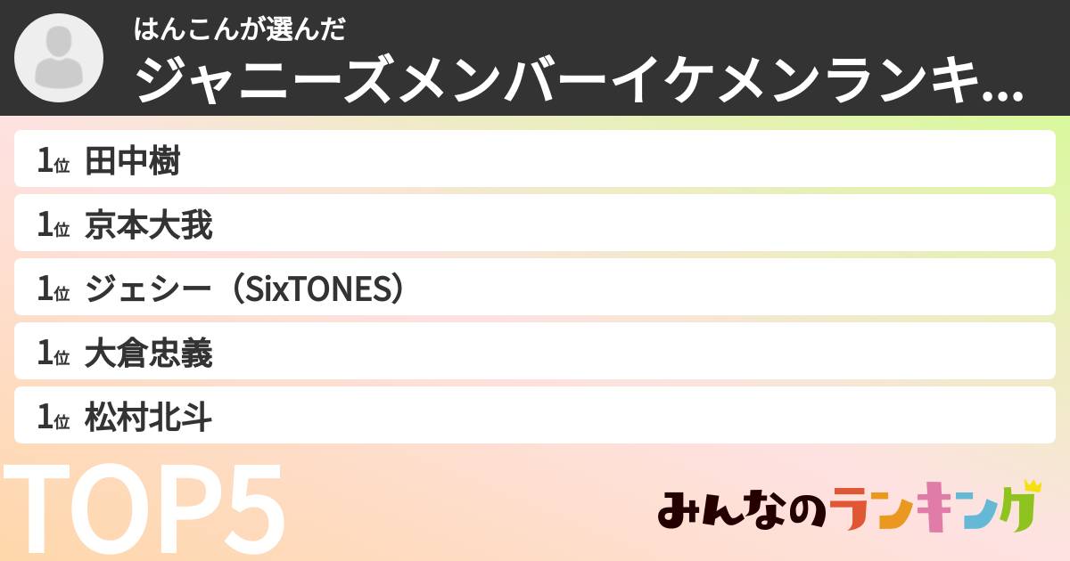 はんこんさんの「ジャニーズメンバーイケメンランキング」