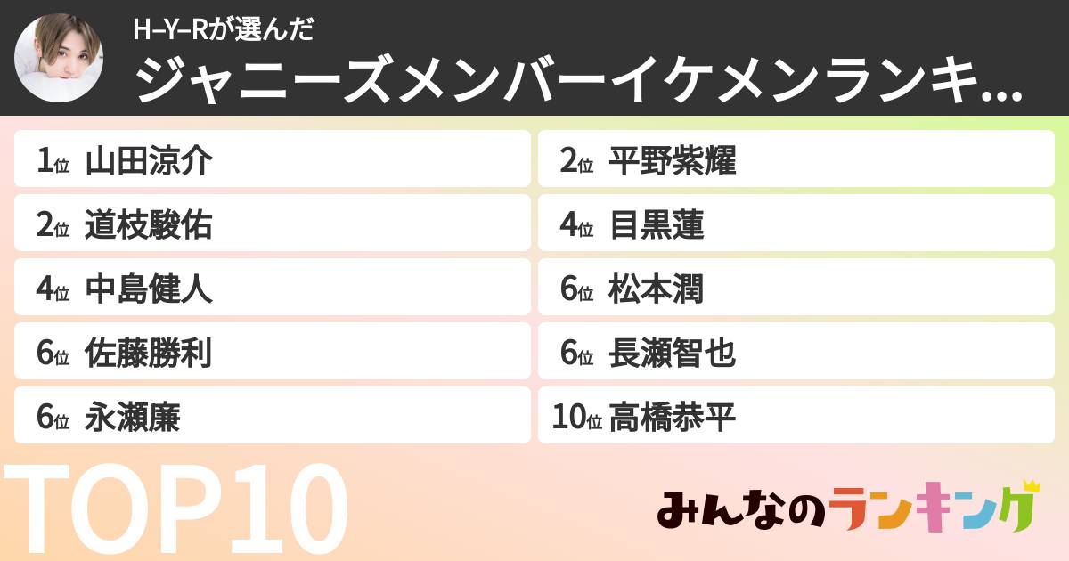 H–Y–Rさんの「ジャニーズメンバーイケメンランキング」