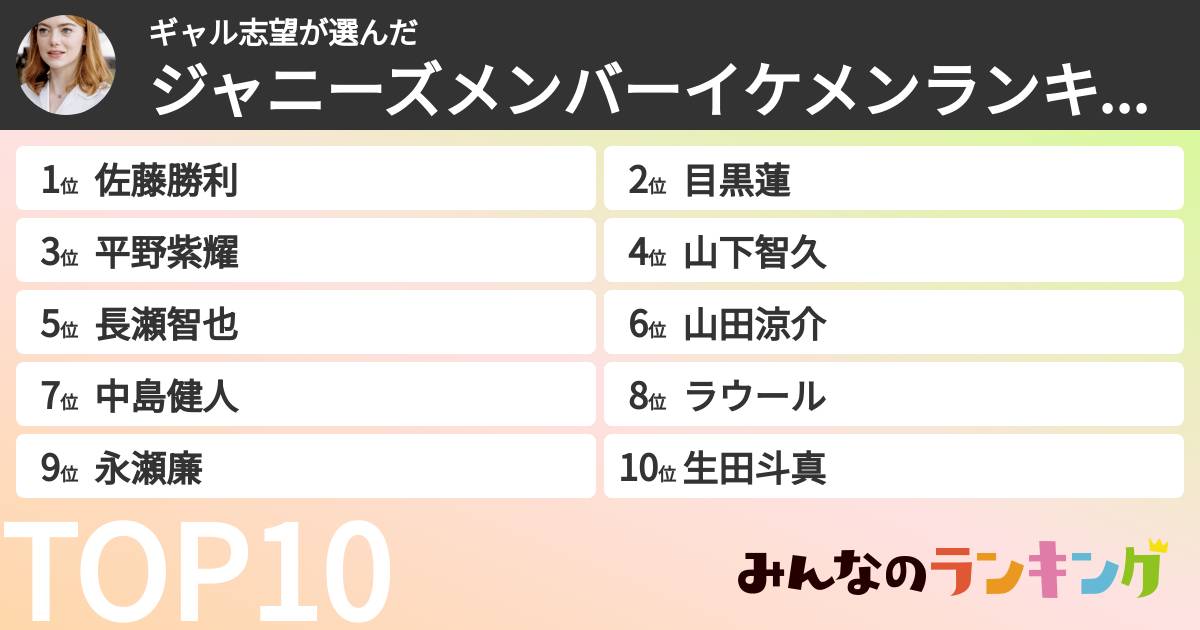 ギャル志望さんの「ジャニーズメンバーイケメンランキング」