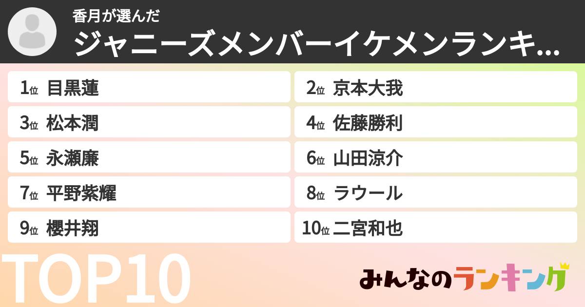 香月さんの「ジャニーズメンバーイケメンランキング」
