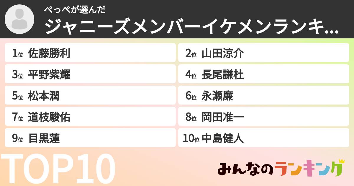ぺっぺさんの「ジャニーズメンバーイケメンランキング」