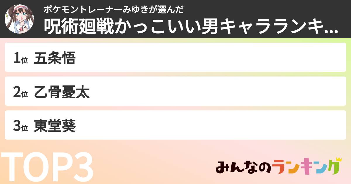 ポケモントレーナーみゆきさんの「呪術廻戦かっこいい男キャラランキング」