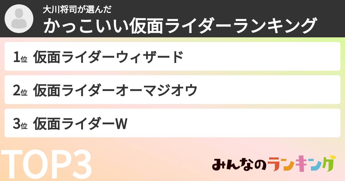 大川将司さんの「かっこいい仮面ライダーランキング」