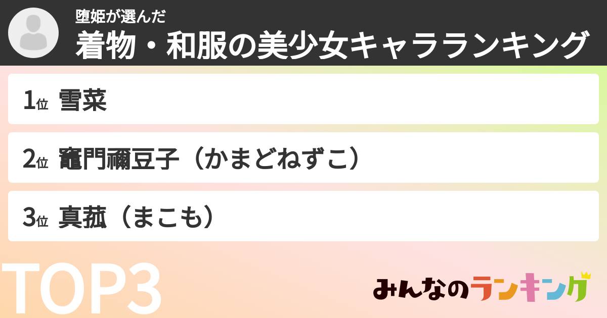 堕姫さんの「着物・和服の美少女キャラランキング」