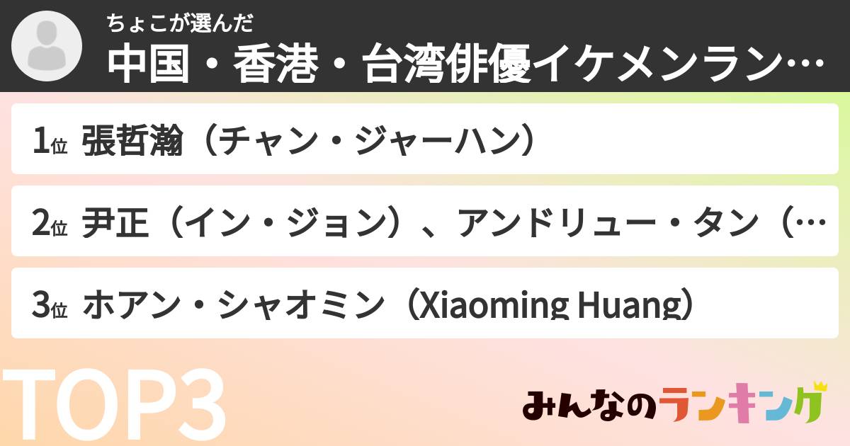 ちょこさんの「中国・香港・台湾俳優イケメンランキング」