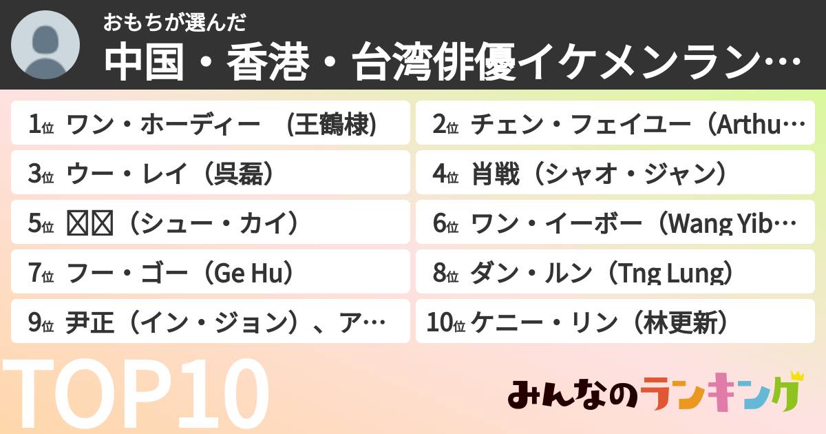 おもちさんの「中国・香港・台湾俳優イケメンランキング」