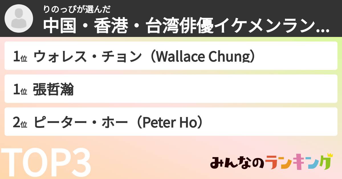 りのっぴさんの「中国・香港・台湾俳優イケメンランキング」